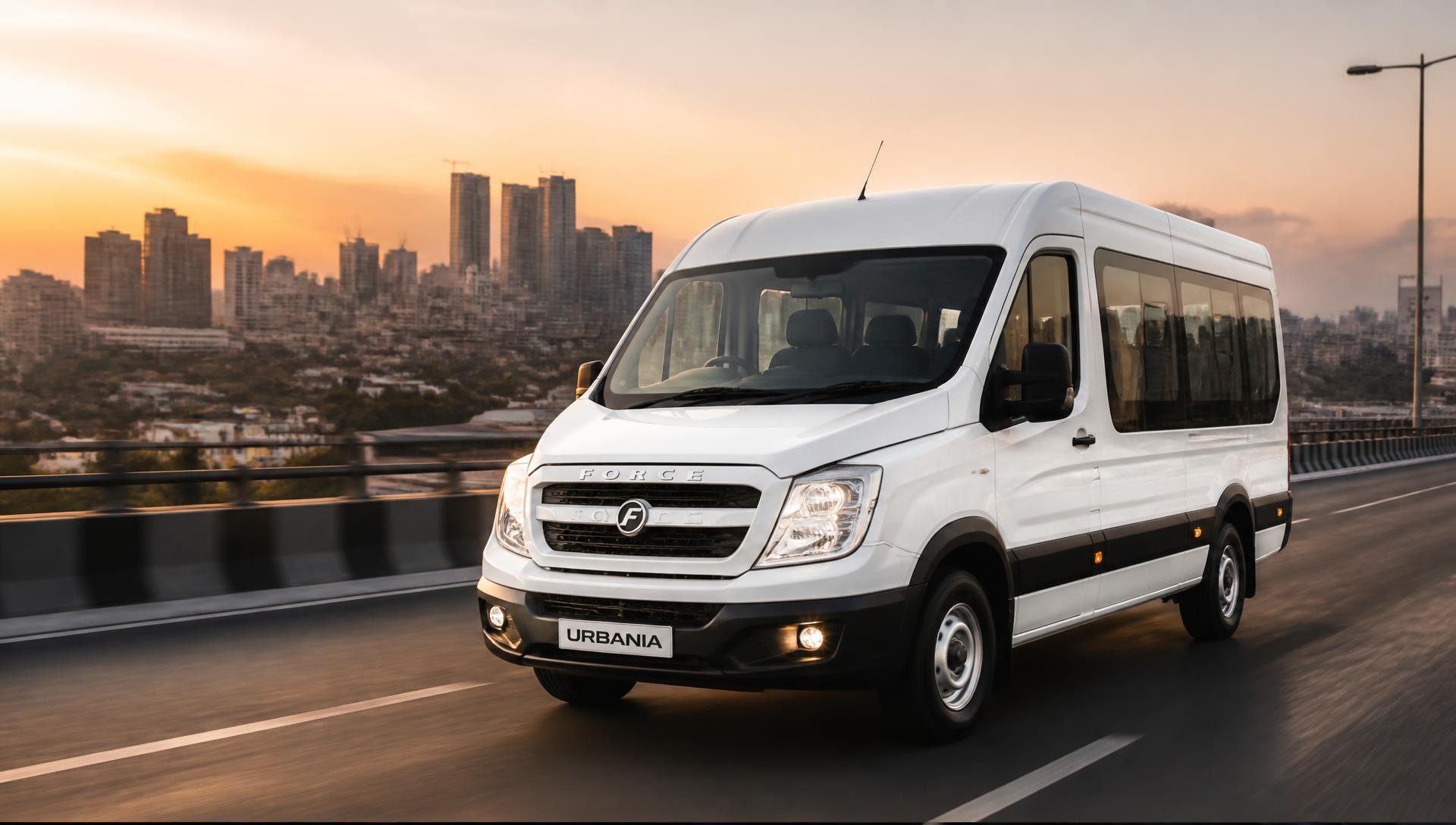 Force Urbania premium van on a Hyderabad highway at sunset